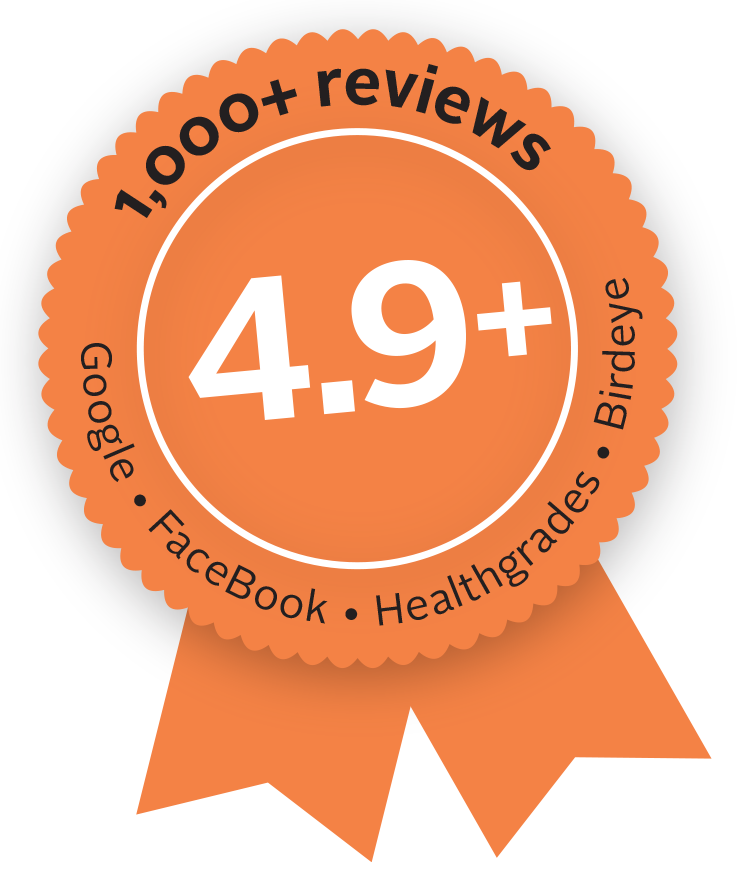 Orange badge displaying Orthodontics Specialist's 4.9 rating with over 1000 reviews